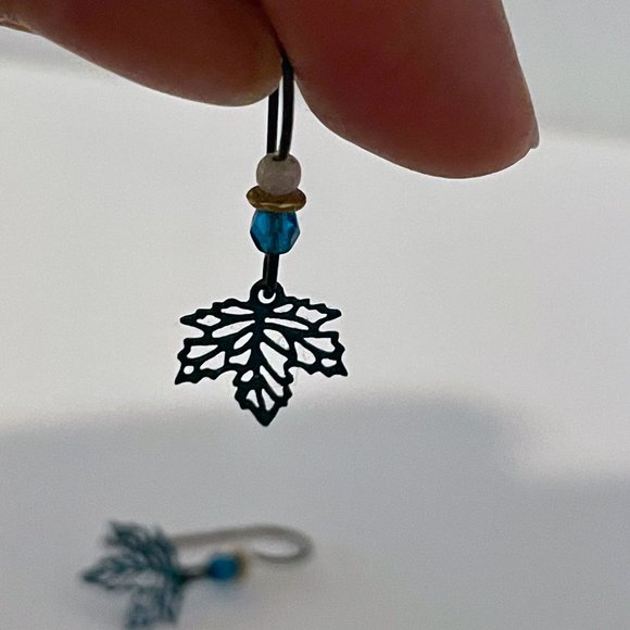 Small Blue Maple Leaf Dangle Earrings - Picture 2 of 2
